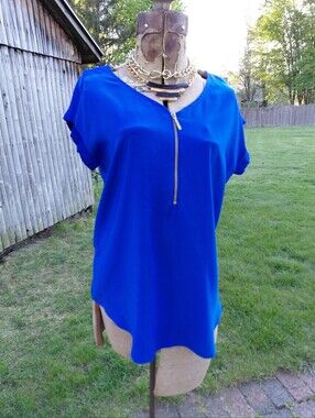 Express bright blue flowy blouse top with gold zipper front Womens S